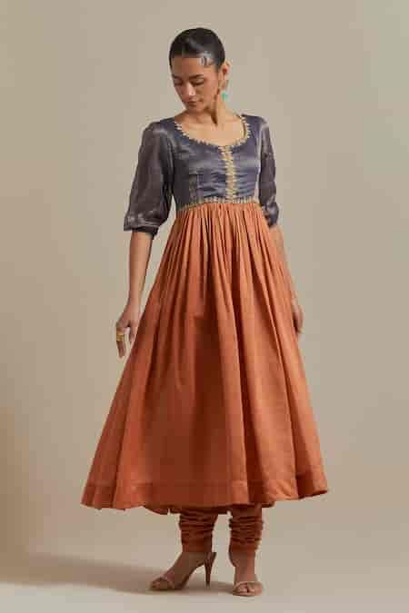 Buy Brown Handloom Cotton, Cotton, Chanderi Handwoven Yoke Anarkali And ...