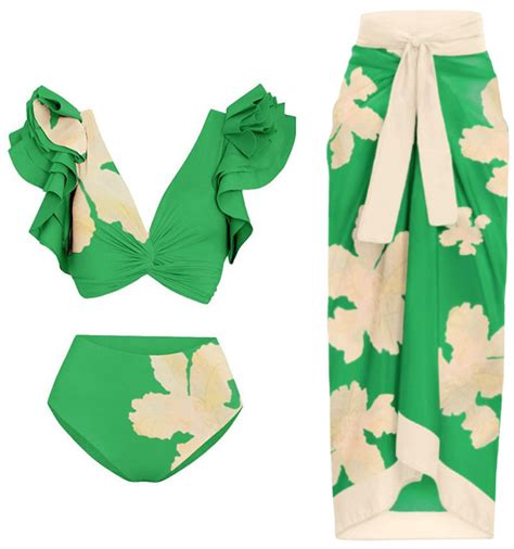 Flower Printed One Piece Bikini Set with Beach Skirt Green – The Curvves