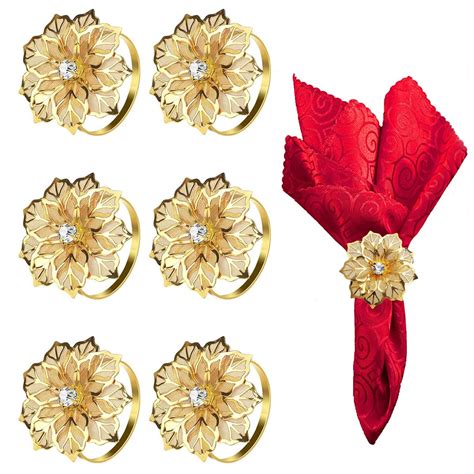 Buy HASTHIP® 6 Pcs Napkin Rings for Dinners Table Flower Rhinestone ...