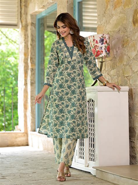 Divena Bottle Green Floral Print Cotton Kurta Set for Women – divena world