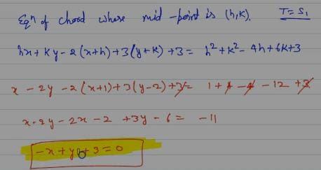 The equation of the chord of x2 + y2 - 4x + 6y + 3 = 0 whose mid point ...