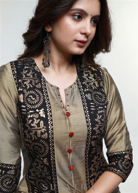 Dark Beige Cotton Silk Kurta with Warli print-Pant Optional – Sujatra