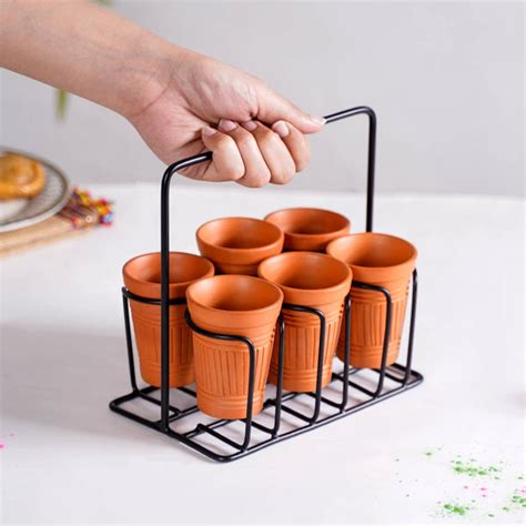 Set Of 6 Terracotta Kulhad Glasses With Cutting Chai Stand Online ...