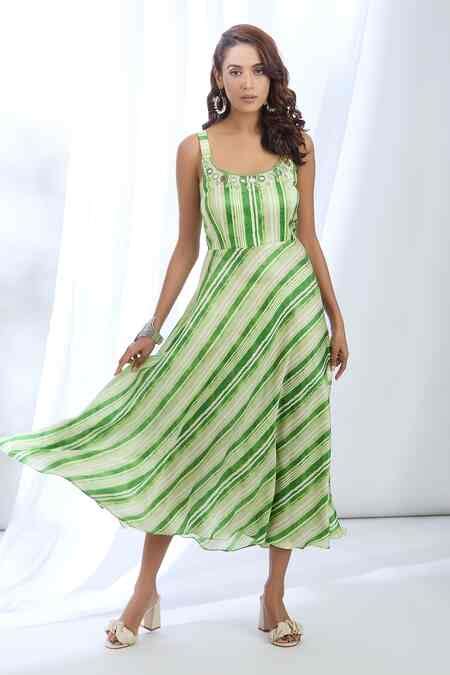 Buy Green Satin Mirrors, Beads Scoop Neck Linear Stripe Print Dress For ...