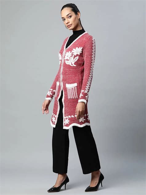 Women Wine Knee Length Floral Pattern Furry Jersey Cardigan