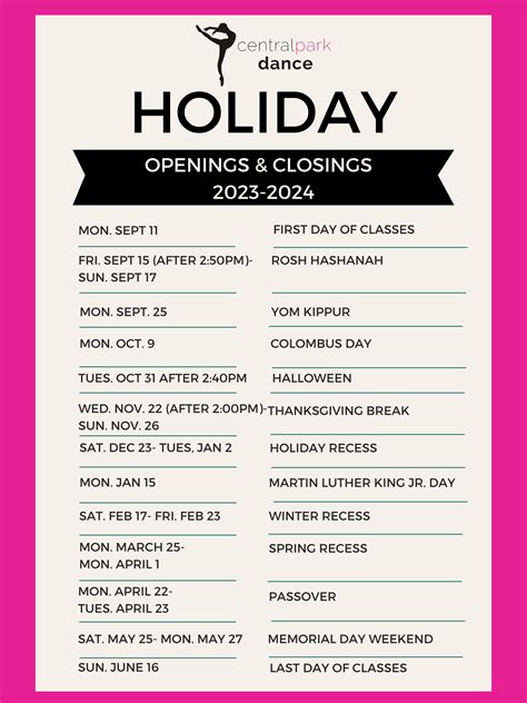 HOLIDAY OPENINGS & CLOSINGS 2023/2024 - Central Park Dance