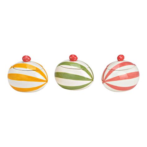 Striped ceramic egg box, 3-fold, yellow/green/pink (W/H/D) 12x11x9cm ...