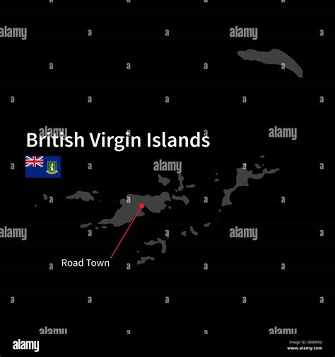 Detailed map of British Virgin Islands and capital city Road Town with flag on black background ...