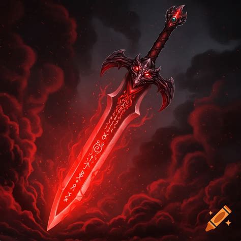 A red glowing fantasy sword with a dragon hilt and runes on the blade ...