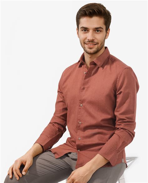 Rare Rabbit Men's Linux Rust Cotton Linen Fabric Full Sleeves Regular