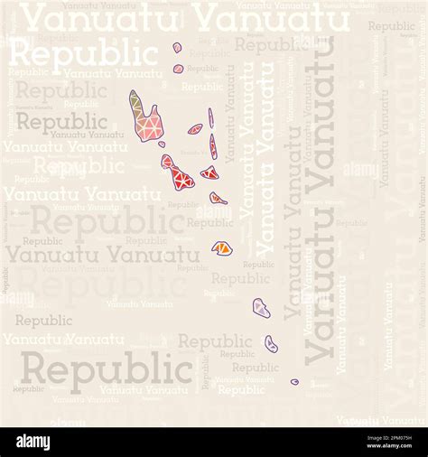 Vanuatu map design. Country names in different languages and map shape with geometric low poly ...