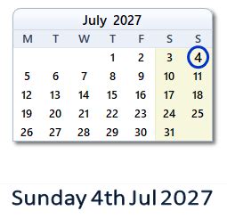 4 Jul, 2027: Holidays, Day & Date Info with Countdown - India