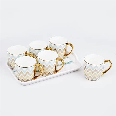 Buy Mandarin Iris 7Pcs Bone China Mugs with Melamine Tray - 240ml from ...