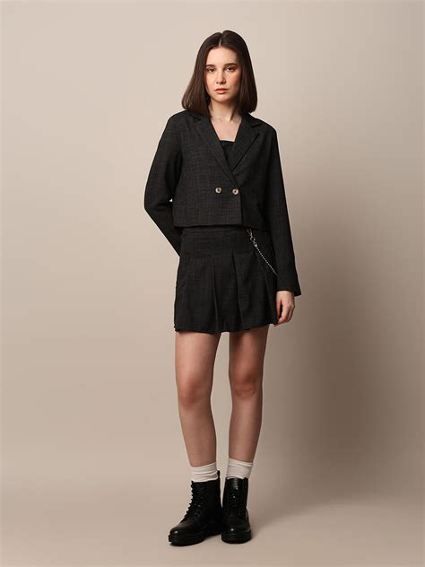 Black Double Breasted Cropped Co-ord Set Blazer