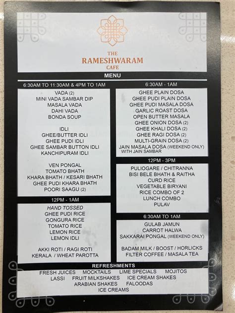 Menu at The Rameshwaram Cafe @ Brookfield, Bengaluru