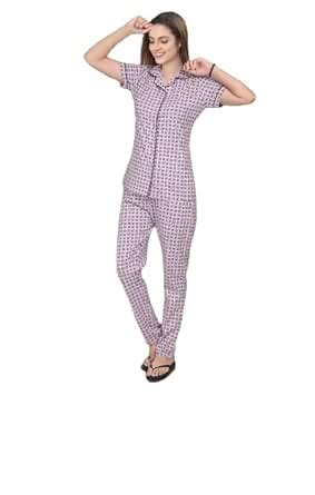 Buy Women's Cotton Strip Printed Night Suit Set of Shirt & Pyjama Pink ...