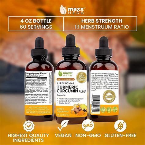 Maxx Herb Liquid Turmeric Curcumin - 4 Oz Bottle (60 Servings) - Joint ...