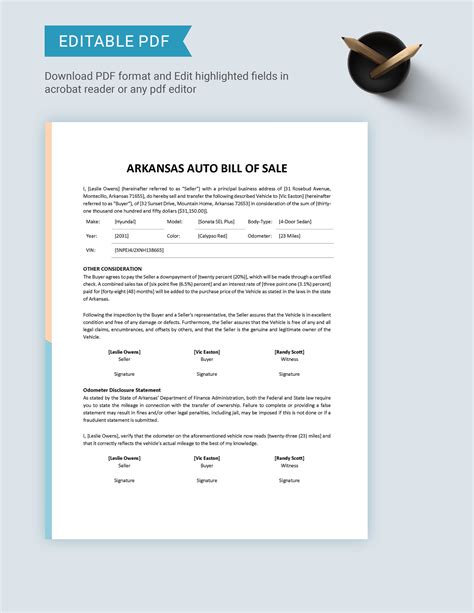 Arkansas Auto Bill of Sale Template in PDF, Word, Google Docs ...
