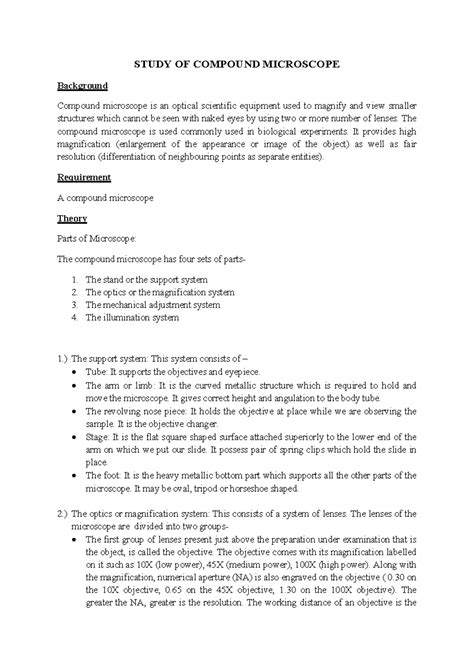 Study of Compound Microscope: Functions & Components Overview - Studocu