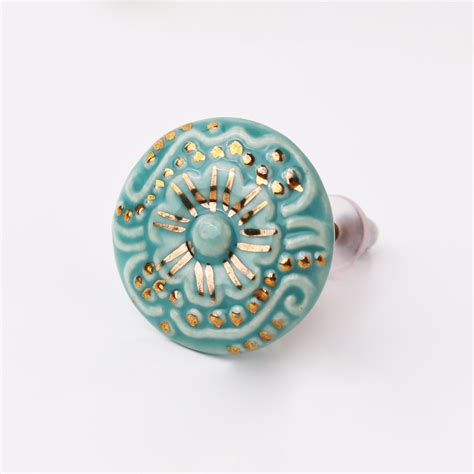 Sea Green Golden Floral Ceramic Cabinet Knob