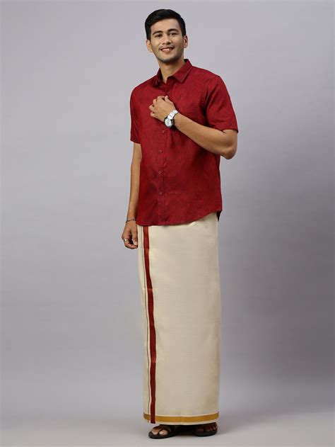Ramraj Men Cotton Rich Maroon Shirt and Tissue Dhoti Set C81