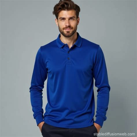 brunet man modeling a royal blue long sleeve polo t shirt for an ecom ...