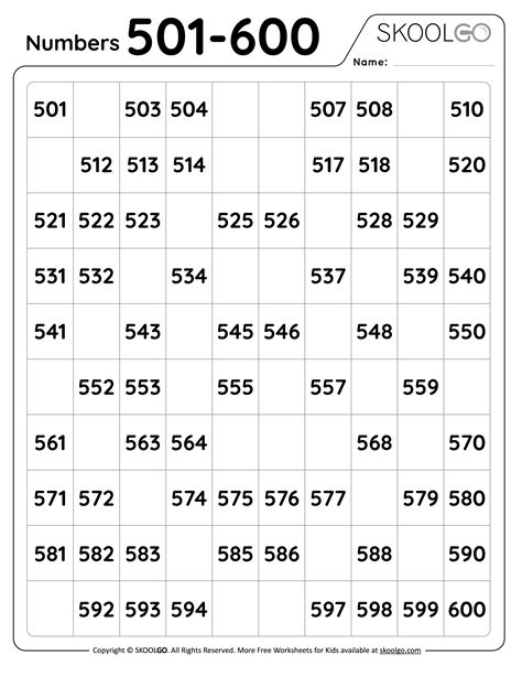 Numbers 501 to 600 - Free Worksheet for Kids - SKOOLGO