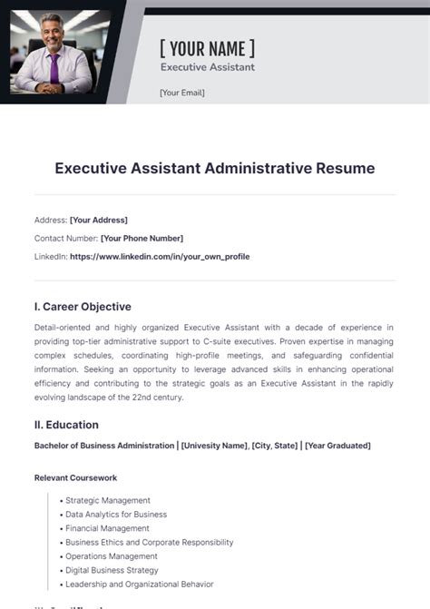 Free Executive Assistant Administrative Resume Template to Edit Online