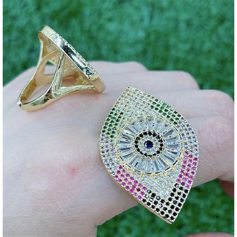 Large Evil Eye Rainbow 18K Gold Anti Tarnish Copper Open Back Ring Wom ...