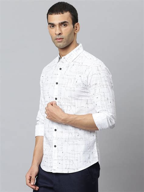 Men's Spread Collar Geometric Print Slim Fit Fulll Sleves Shirts (Whit ...