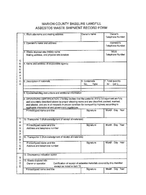 2014-2025 FL Baseline Landfill Asbestos Waste Shipment Record Form ...