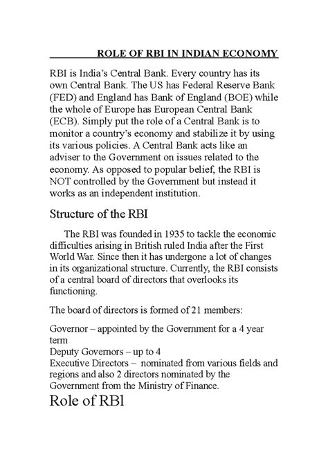 Role of RBI - Role of rbi - ROLE OF RBI IN INDIAN ECONOMY RBI is India ...