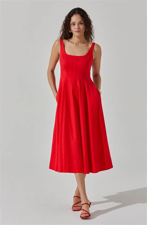 Linen Square Neck Midi Dress - Red / S | Tube midi dress, Red midi ...