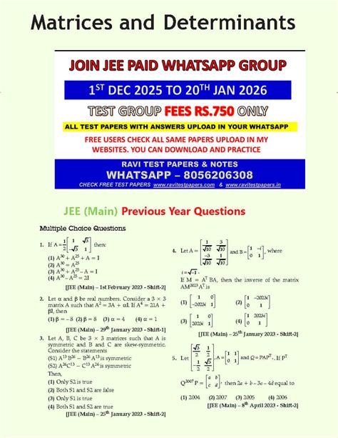 JEE CHAPTERWISE MATRICES AND DETERMINANTS PYQ ANSWERS