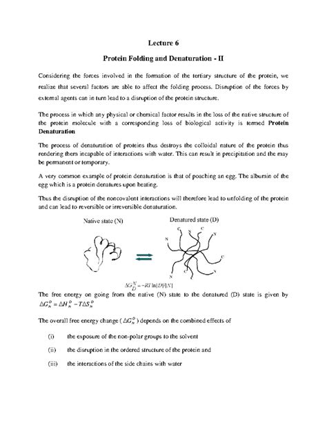 Lecture 6 - Protein Folding and Denaturation - 2 - Lecture 6 Protein ...