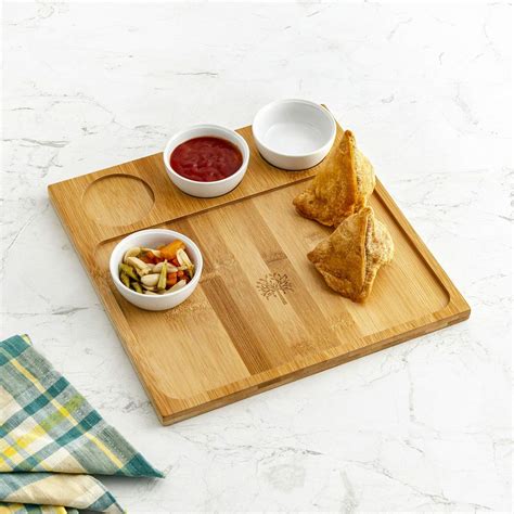 Home Centre Rhodes Edulis Bamboo Chip and Dip Tray with Bowls- Set of 4 ...