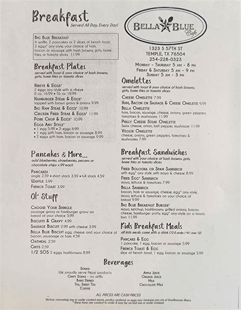 Menu at Bella Blue Cafe, Temple