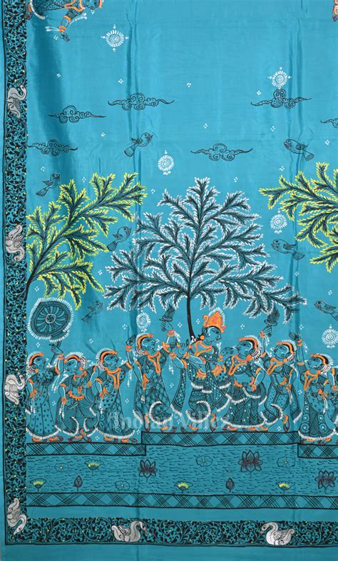 Blue Krishna Raas Leela Hand-Painted Pattachitra Saree – IndianVillèz