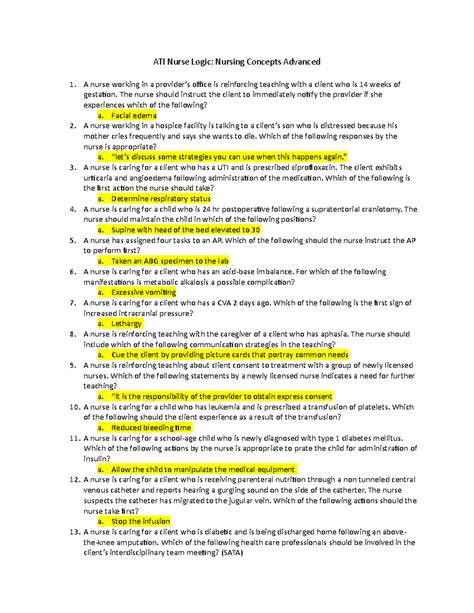 ATI Nursing Concept Advanced - ATI Nurse Logic: Nursing Concepts ...