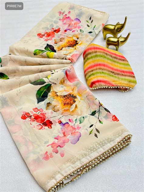 Veera Chiffon Floral Digital Print Saree with Moti Lace Border ...