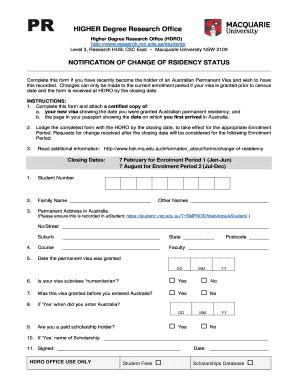 Fillable Online NOTIFICATION OF CHANGE OF RESIDENCY STATUS Fax Email ...