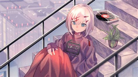 Wallpaper girl, stairs, flower, plant, anime, art, cartoon hd, picture ...