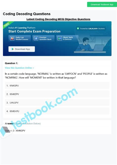 Mcq on coding decoding 5eea6a0e39140 f30f369e4a4 - Download Testbook ...