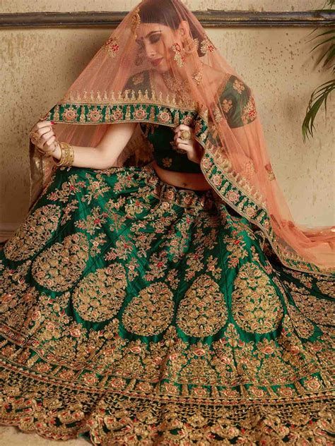Dark Green Designer Satin Semi Stitched Lehenga With Unstitc