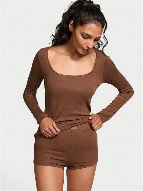 Buy Ribbed Modal Scoop Long-Sleeve Shortie Set Online - Style ID ...