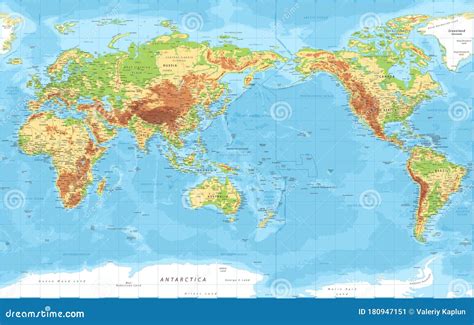 World Map - Pacific View - Asia China Center - Political Topographic - Vector Detailed ...
