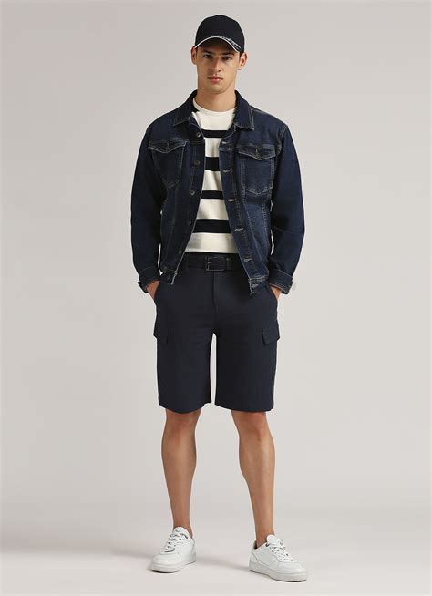 Navy Back Welt Pockets Linen Cargo Shorts | Pepe Jeans India