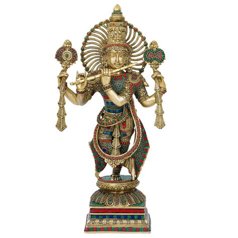 Colorful Lord Krishna Playing Flute Handcrafted Brass Idol with Stone ...