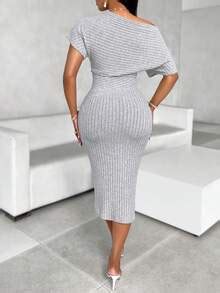 SOLERSUN Solid Asymmetrical Shoulder Texture Fabric Maxi Dress | SHEIN USA