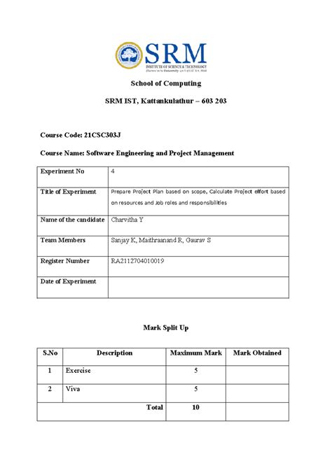 21CSC303J SEPM Ex 4 - School of Computing SRM IST, Kattankulathur – 603 ...